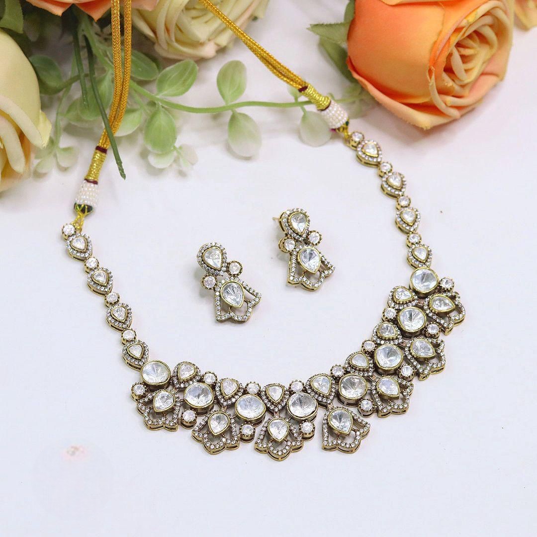 Kundan-Inspired Necklace Set with Matching Earrings | Indian Jewellery Gold-Toned Finish Traditional Necklace Set | Wedding & Party Wear Indian Necklace Set
