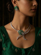 Luxury Green Stone American Diamond Necklace Set with Earrings | Indian Jewellery Silver-Tone Bridal Necklace Set | Party Wear Indian Necklace Set
