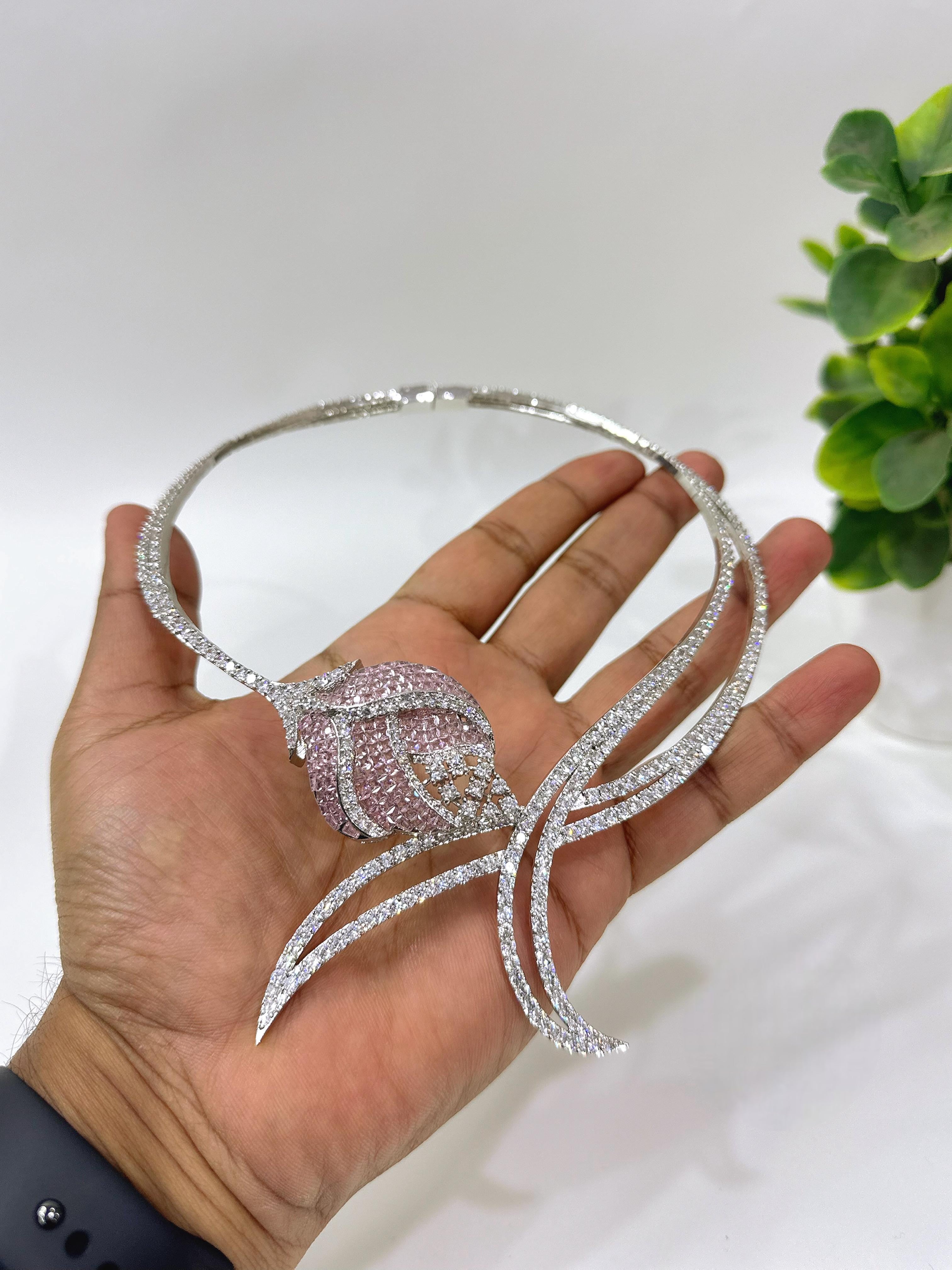Luxury Green Stone American Diamond Necklace Set with Earrings | Indian Jewellery Silver-Tone Bridal Necklace Set | Party Wear Indian Necklace Set