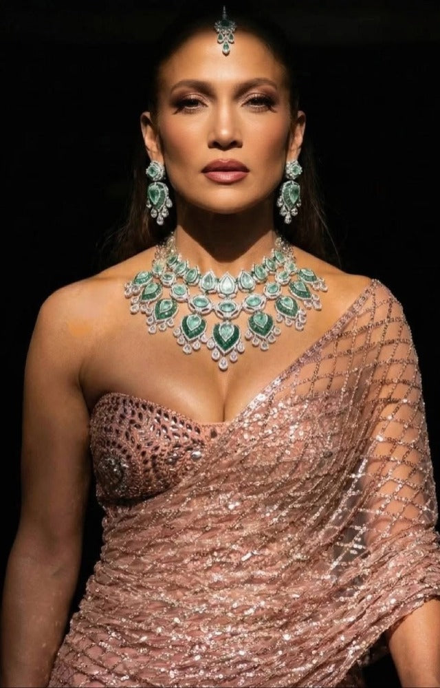 Jennifer Lopez Inspired Emerald Green Kundan Bridal Jewellery Set with Earrings & Maang Tikka | Luxury Indian Bridal Necklace Set