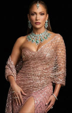 Jennifer Lopez Inspired Emerald Green Kundan Bridal Jewellery Set with Earrings & Maang Tikka | Luxury Indian Bridal Necklace Set