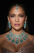 Jennifer Lopez Inspired Emerald Green Kundan Bridal Jewellery Set with Earrings & Maang Tikka | Luxury Indian Bridal Necklace Set