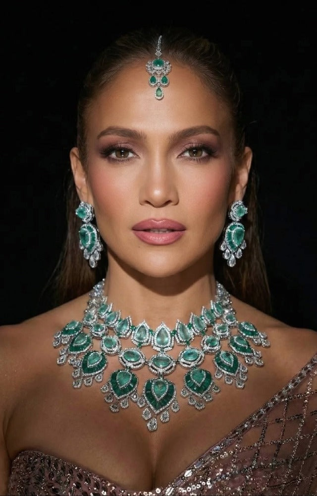 Jennifer Lopez Inspired Emerald Green Kundan Bridal Jewellery Set with Earrings & Maang Tikka | Luxury Indian Bridal Necklace Set