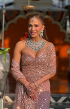 Jennifer Lopez Inspired Emerald Green Kundan Bridal Jewellery Set with Earrings & Maang Tikka | Luxury Indian Bridal Necklace Set