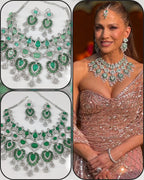 Jennifer Lopez Inspired Emerald Green Kundan Bridal Jewellery Set with Earrings & Maang Tikka | Luxury Indian Bridal Necklace Set