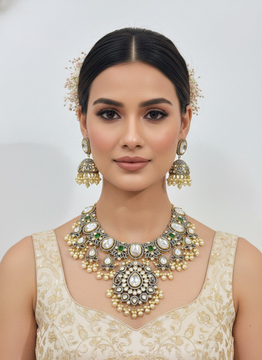 Premium Kundan Polki Bridal Necklace Set with Pearl Jhumka Earrings | Indian Jewellery Necklace Set