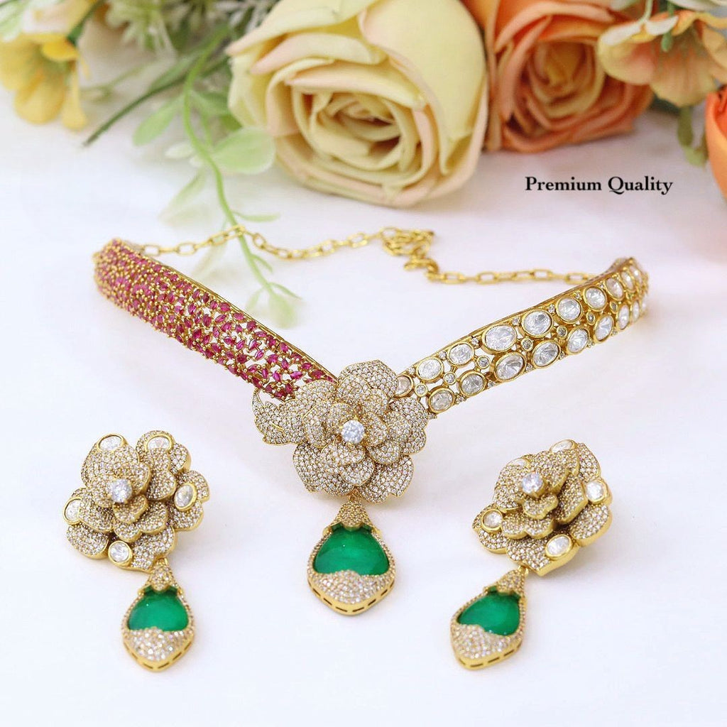 Kundan Necklace Bridal Set for Women – Gold Plated Floral Bridal Necklace Set with Earrings, Red Stone Wedding & Festive Jewellery