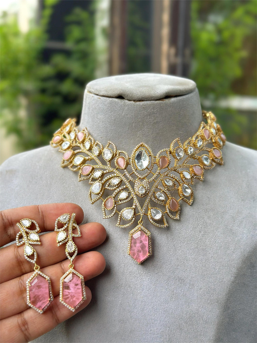 Ruby Red Leaf Design Kundan Polki Choker Necklace Set with Matching Drop Earrings – Bridal & Festive Jewelry