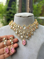 Ruby Red Leaf Design Kundan Polki Choker Necklace Set with Matching Drop Earrings – Bridal & Festive Jewelry