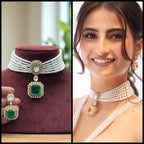 Elegant Pearl Strand Choker Necklace with Emerald Green Pendant & Earrings – Bridal & Partywear Jewelry
