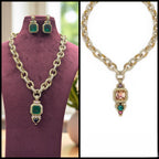 Designer Emerald Green Pendant Necklace Set with Gold-Toned Chain Links & Earrings – Luxury Statement Jewelry