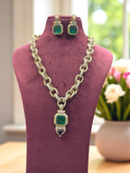 Designer Emerald Green Pendant Necklace Set with Gold-Toned Chain Links & Earrings – Luxury Statement Jewelry