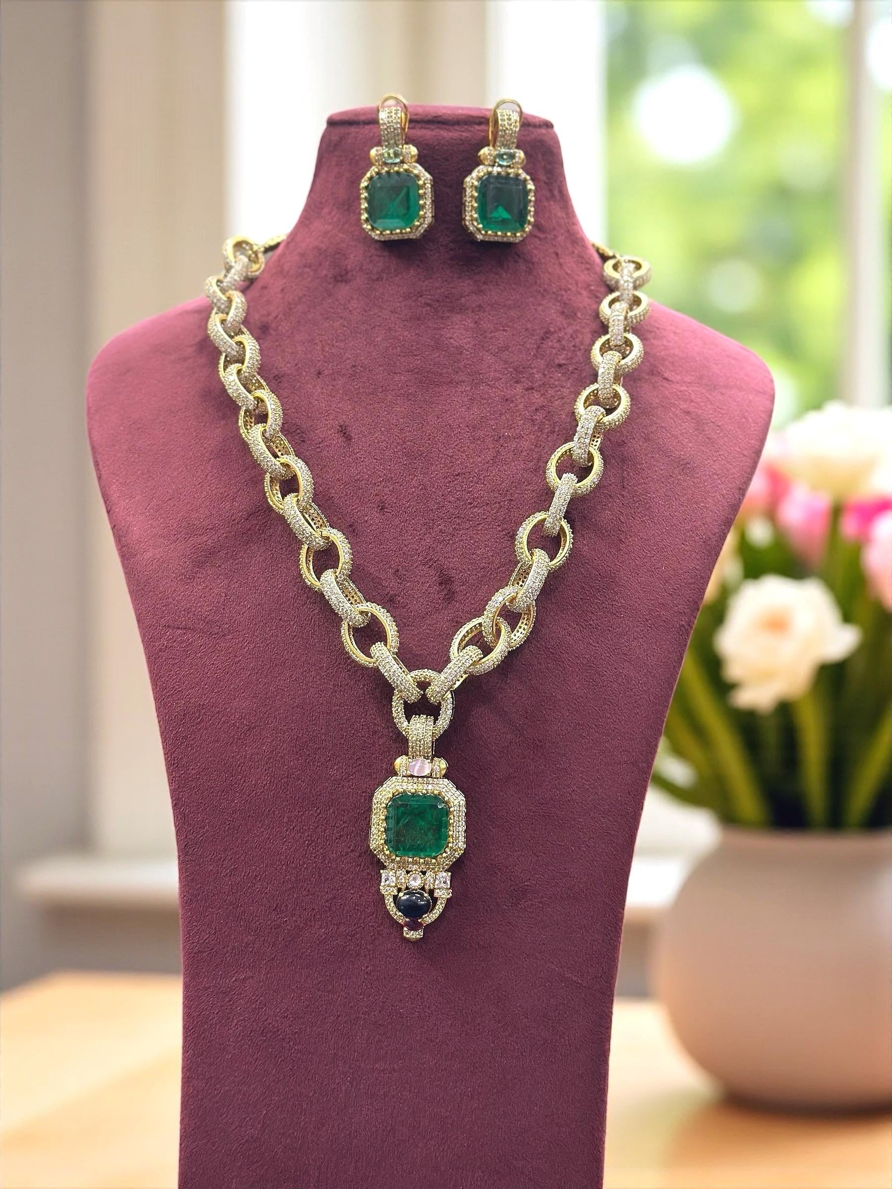 Designer Emerald Green Pendant Necklace Set with Gold-Toned Chain Links & Earrings – Luxury Statement Jewelry