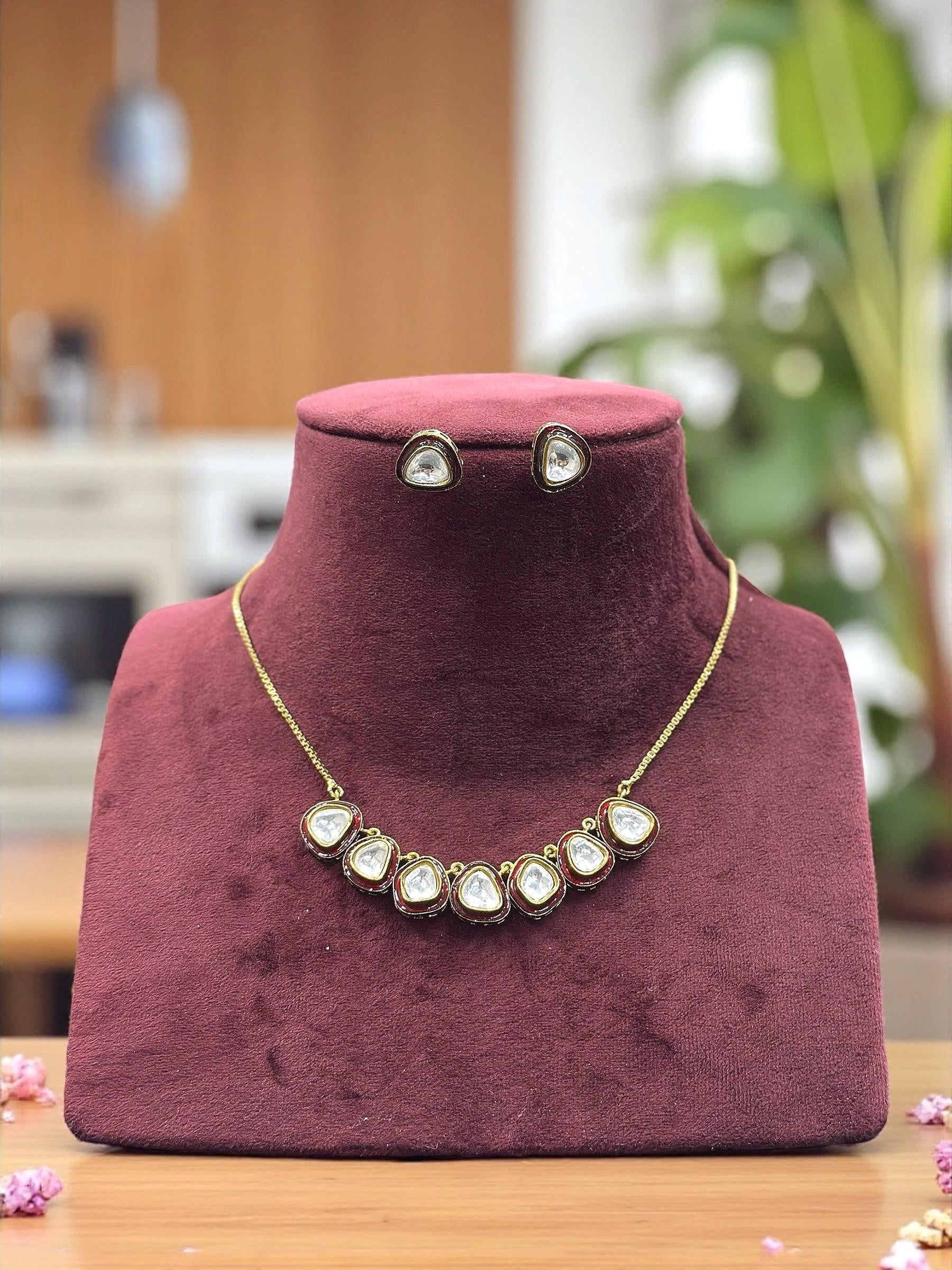 Minimalist Gold-Plated Kundan Necklace Set with Teardrop Stud Earrings