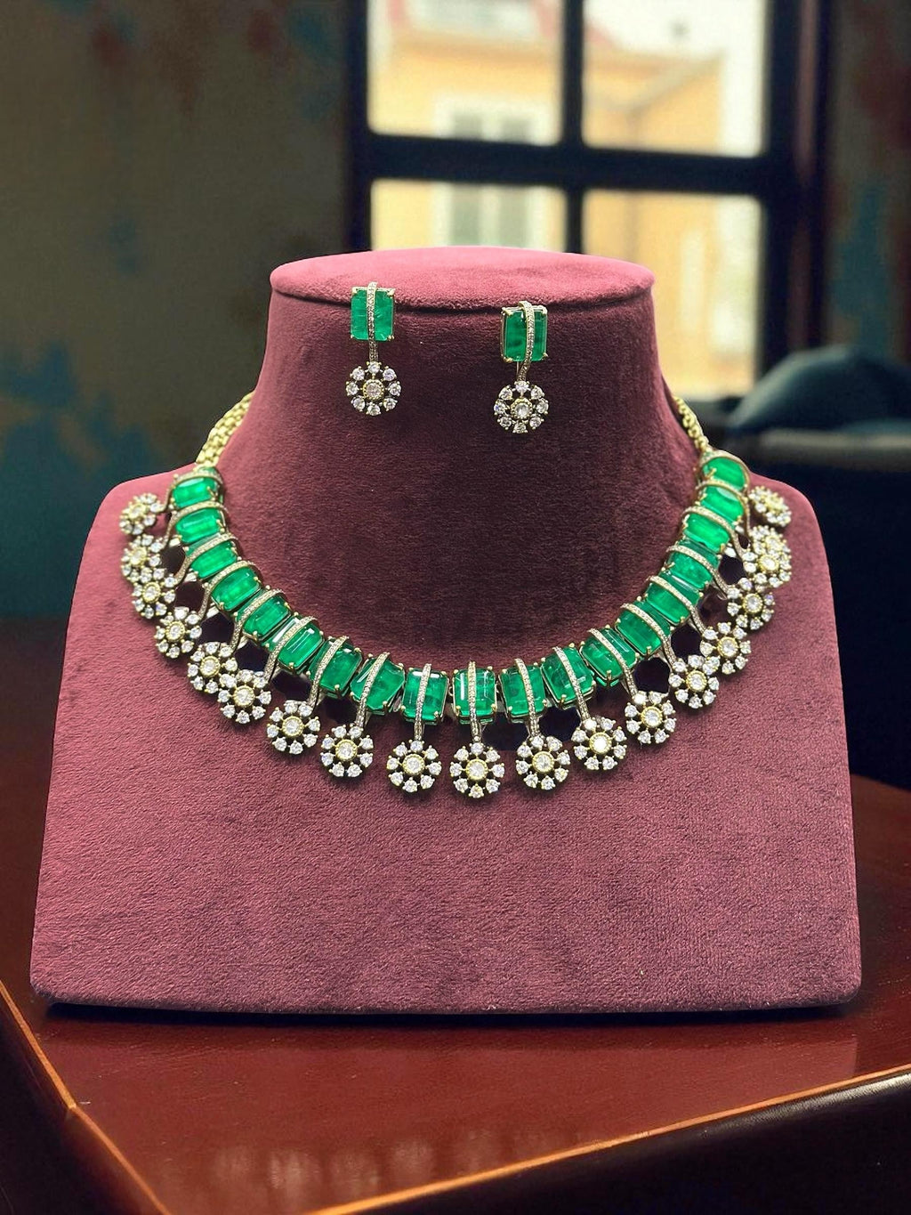 Rose, Blue & Green Stone Gold Plated Necklace & Earring Set