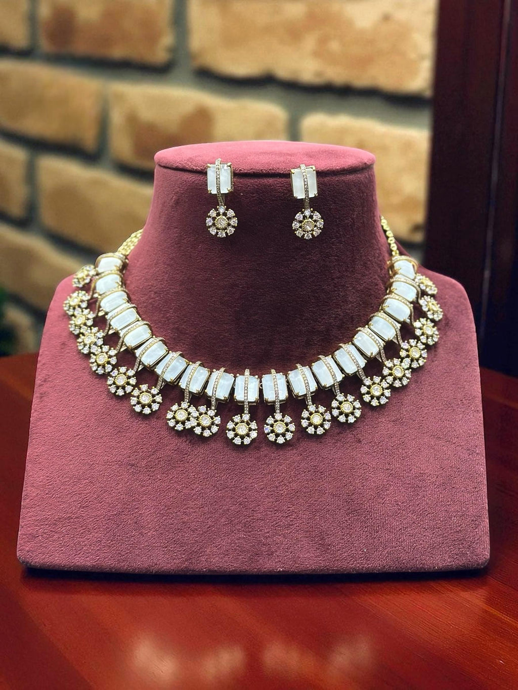 Rose, Blue & Green Stone Gold Plated Necklace & Earring Set