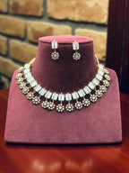 Rose, Blue & Green Stone Gold Plated Necklace & Earring Set