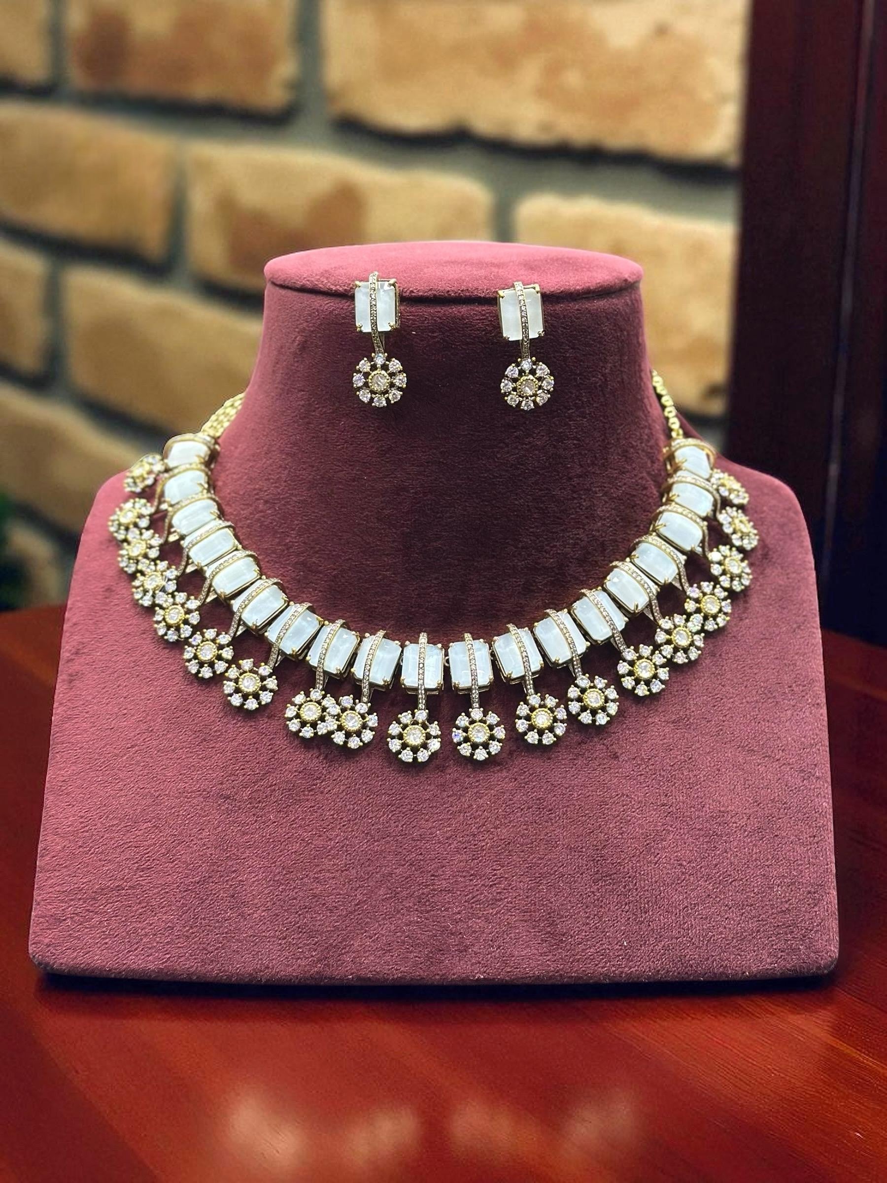 Rose, Blue & Green Stone Gold Plated Necklace & Earring Set