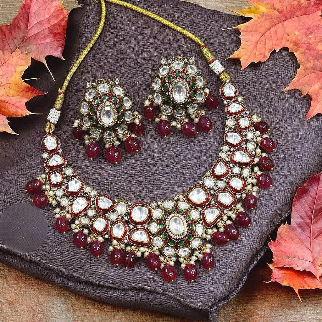 Antique Gold Finish Polki & Emerald Green Drop Statement Jewelry Set