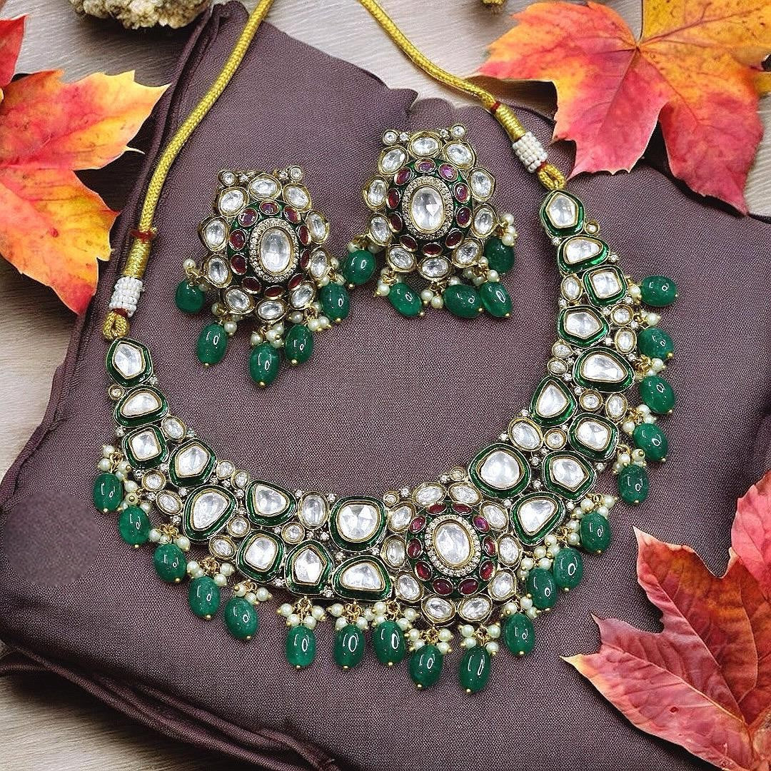 Antique Gold Finish Polki & Emerald Green Drop Statement Jewelry Set