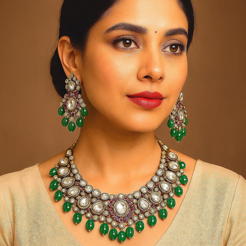 Antique Gold Finish Polki & Emerald Green Drop Statement Jewelry Set