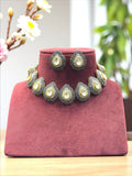 Antique Black Polish CZ Kundan Choker Necklace Set with Stud Earrings Tear Drop Design Bridal Jewelry