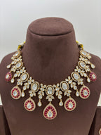 Ruby Red Kundan Polki Necklace Set with Matching Earrings – Bridal Tear Drop Design in Antique Gold Finish