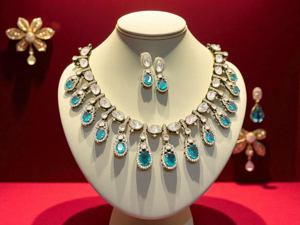 Rose Pink Teardrop Polki Necklace Set with CZ Accents Bridal & Ethnic Glam Jewelry