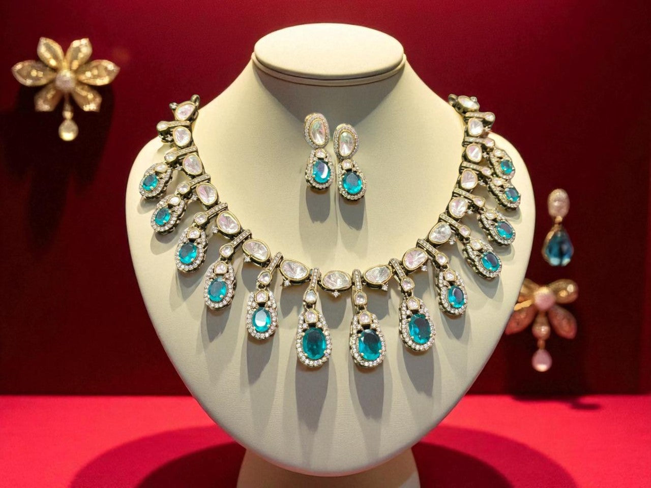 Rose Pink Teardrop Polki Necklace Set with CZ Accents Bridal & Ethnic Glam Jewelry
