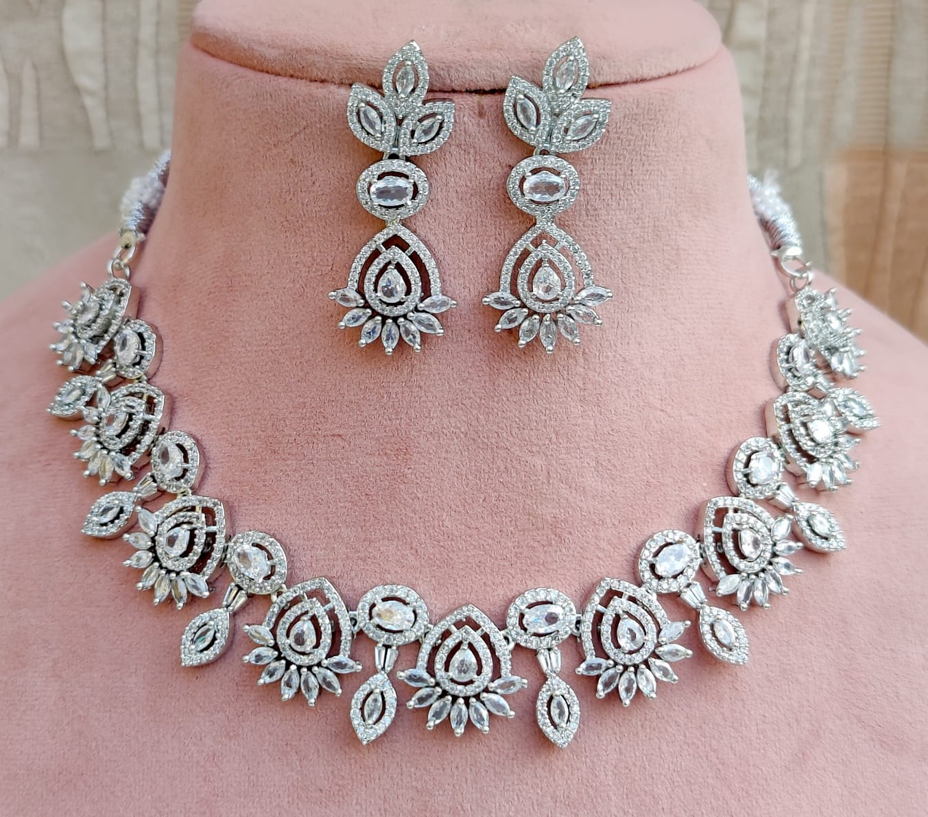 White Stone Necklace Set with Matching Earrings | Indian Jewellery Traditional Stone Indian Necklace Set