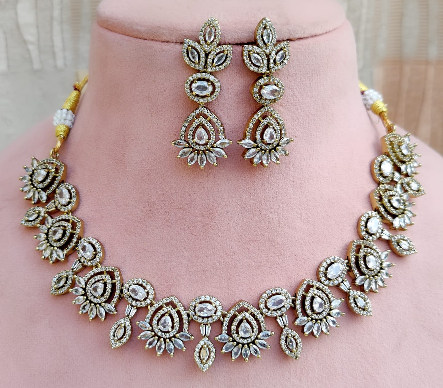 White Stone Necklace Set with Matching Earrings | Indian Jewellery Traditional Stone Indian Necklace Set