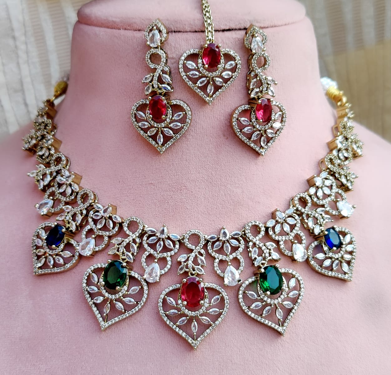 Diamond Stone Heart Necklace Set with Matching Earrings & Maang Tikka | Indian Jewellery Traditional Stone Indian Necklace Set