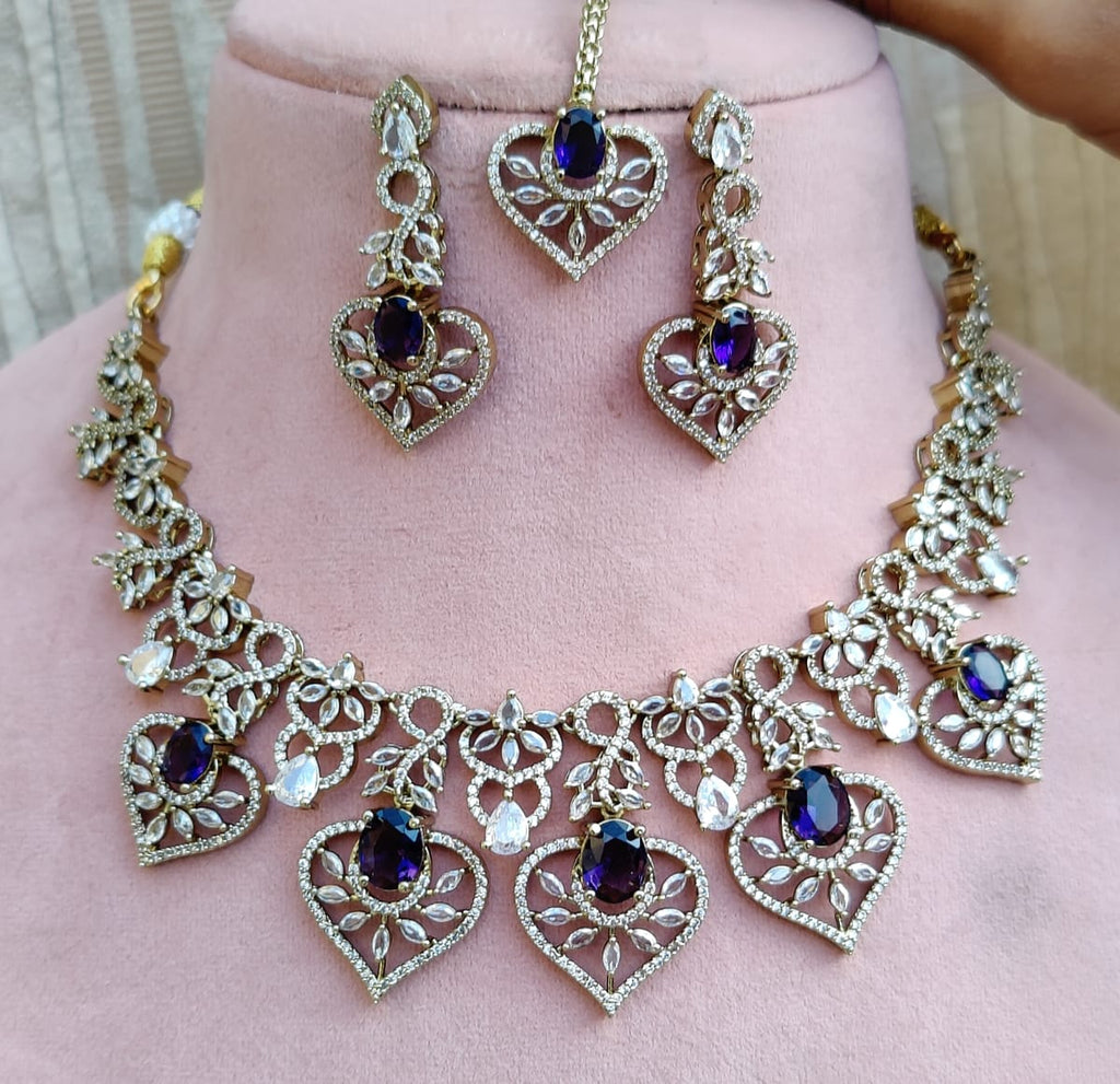Diamond Stone Heart Necklace Set with Matching Earrings & Maang Tikka | Indian Jewellery Traditional Stone Indian Necklace Set