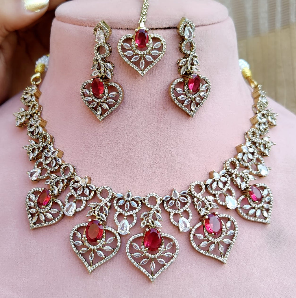 Diamond Stone Heart Necklace Set with Matching Earrings & Maang Tikka | Indian Jewellery Traditional Stone Indian Necklace Set