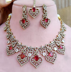 Diamond Stone Heart Necklace Set with Matching Earrings & Maang Tikka | Indian Jewellery Traditional Stone Indian Necklace Set