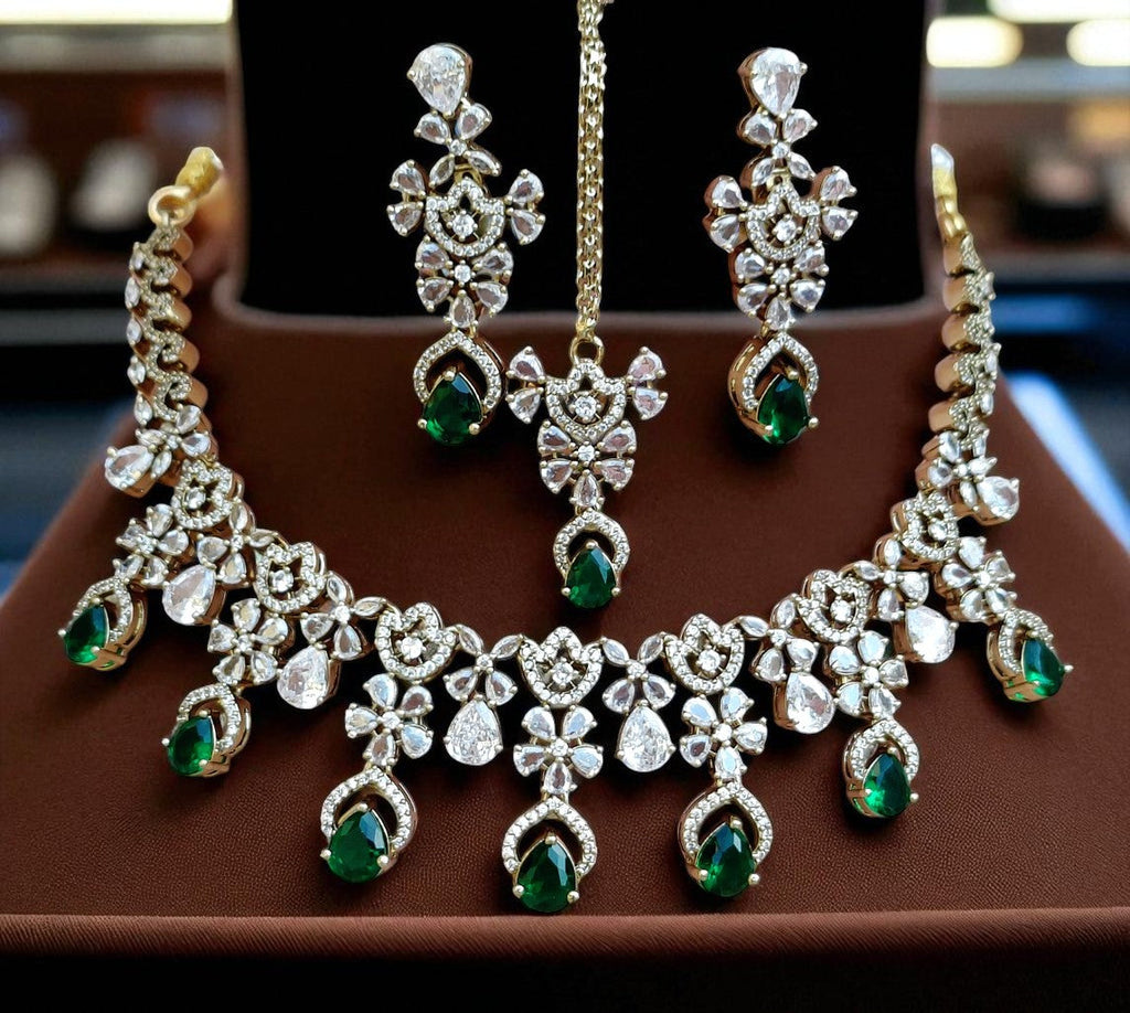 Designer Ruby & Diamond Choker Necklace Set with Earrings and Maang Tikka