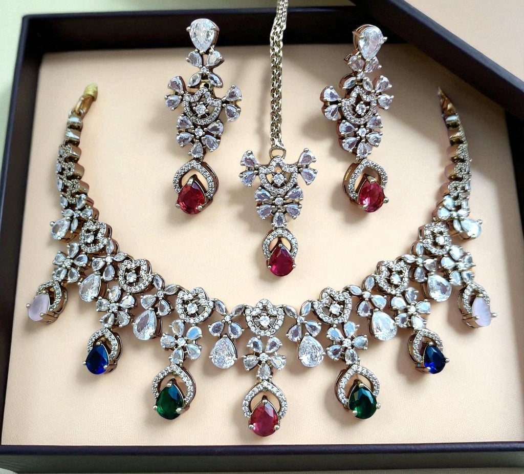 Designer Ruby & Diamond Choker Necklace Set with Earrings and Maang Tikka