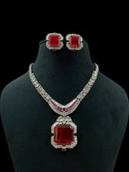 Ruby Red Stone Necklace Set with Earrings | Silver Plated Bridal Jewelry for Women & Girls