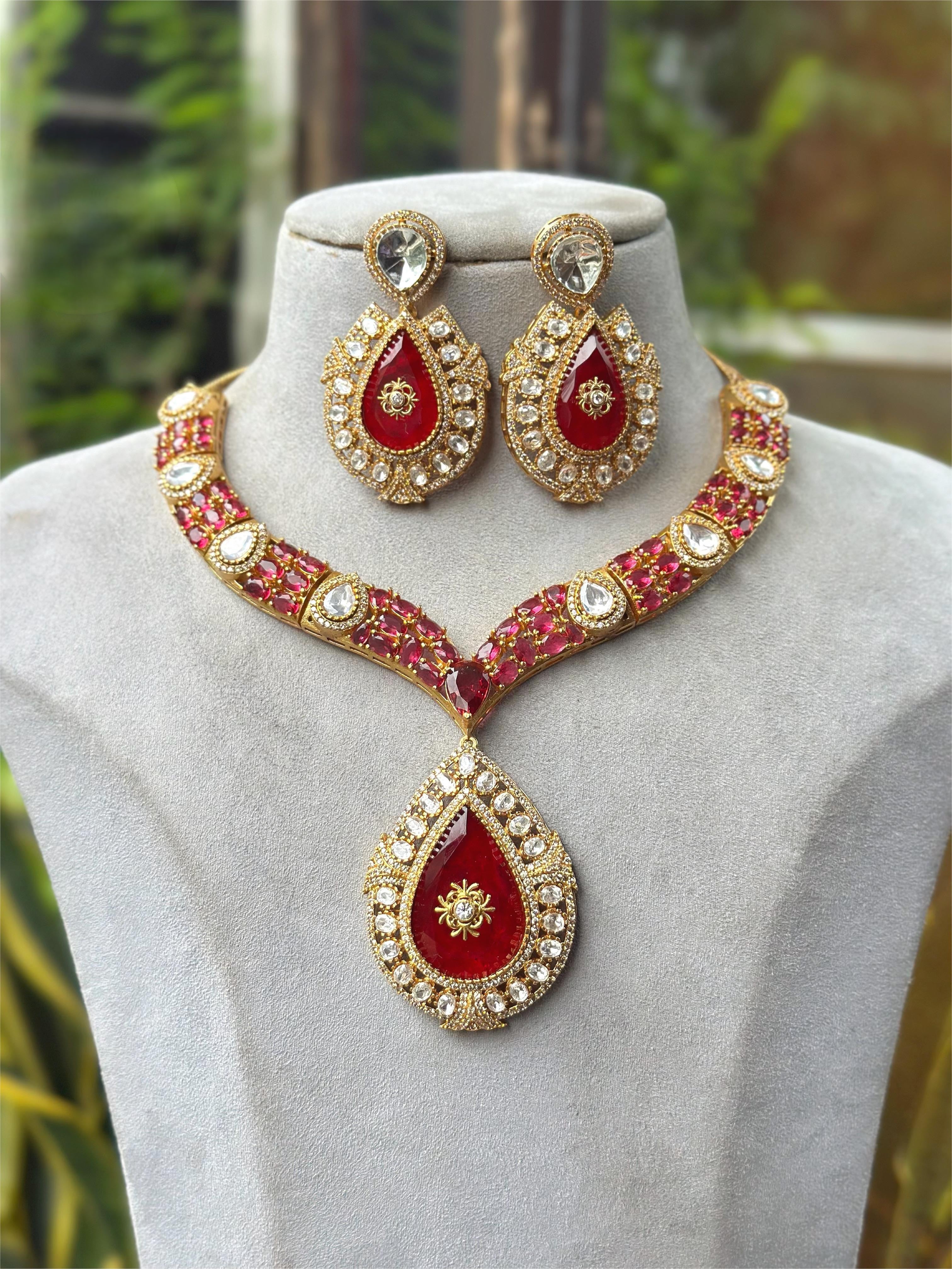 Gold Plated Red Stone Necklace Set with Earrings | Bridal & Party Wear Jewelry for Women
