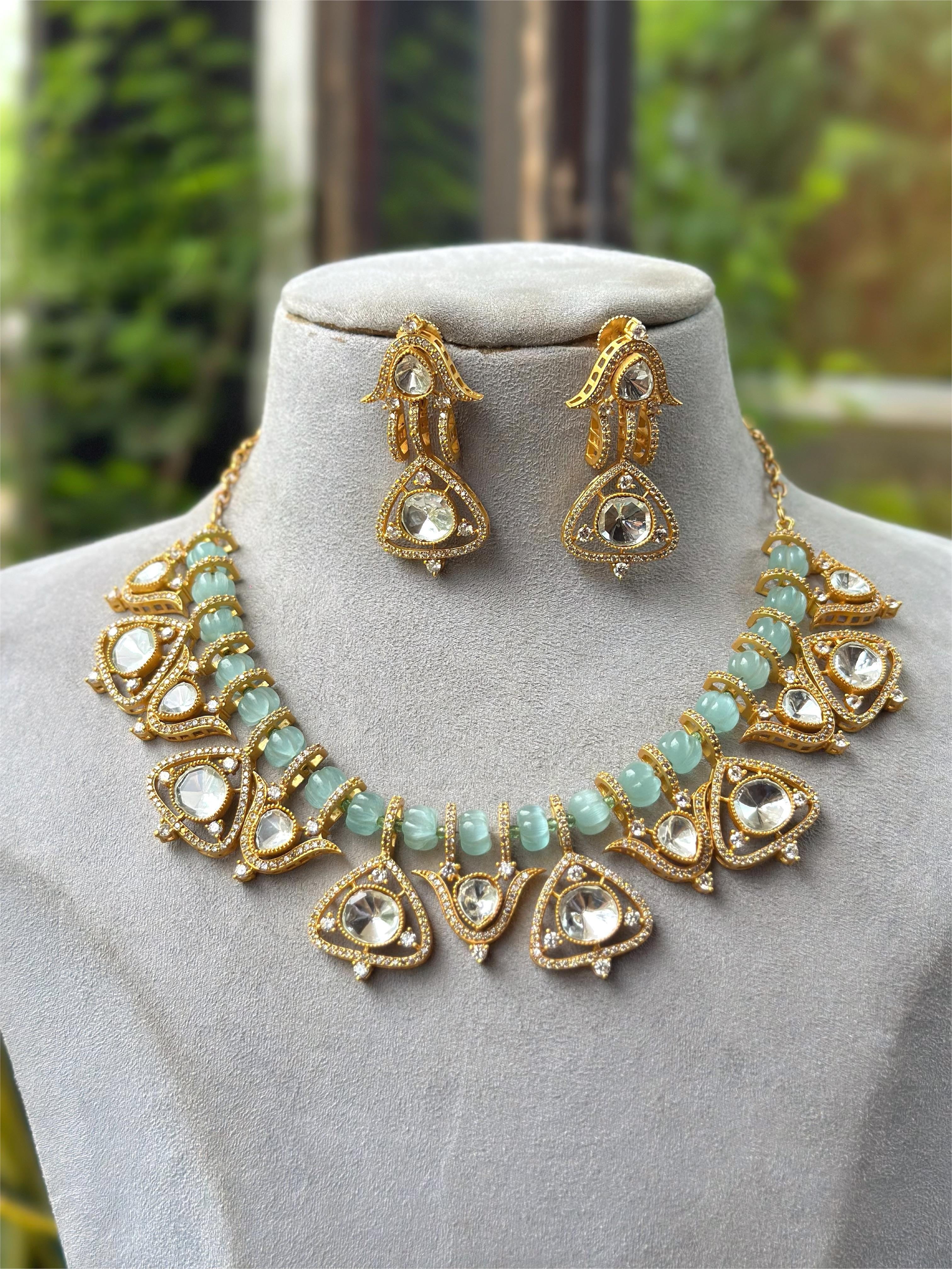 Bridal Green Beaded Kundan Necklace Set with Earrings | Traditional Indian Wedding Jewelry