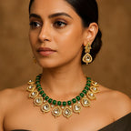 Bridal Green Beaded Kundan Necklace Set with Earrings | Traditional Indian Wedding Jewelry