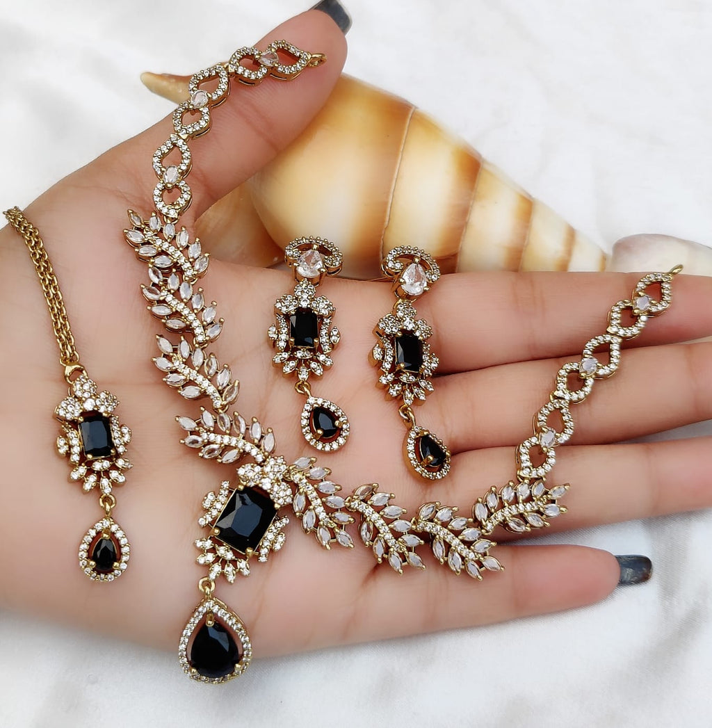Gold-Plated Stone Necklace Set with Earrings & Maang Tikka | Indian Jewellery | Indian Necklace Set
