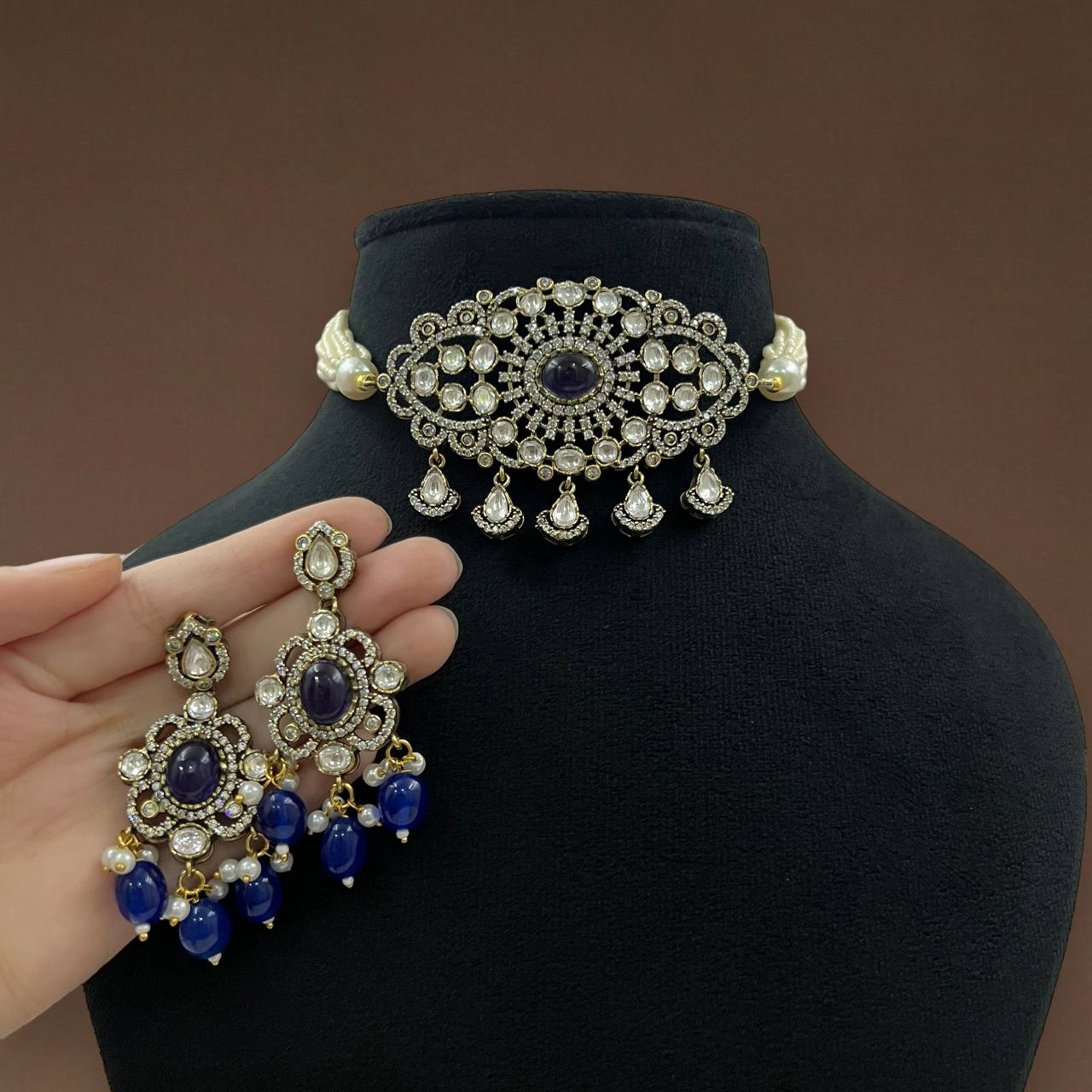Kundan Choker Necklace Set with Pearl Drops & Earrings Bridal Jewelry Set Pakistani Necklace Set  Polki Necklace