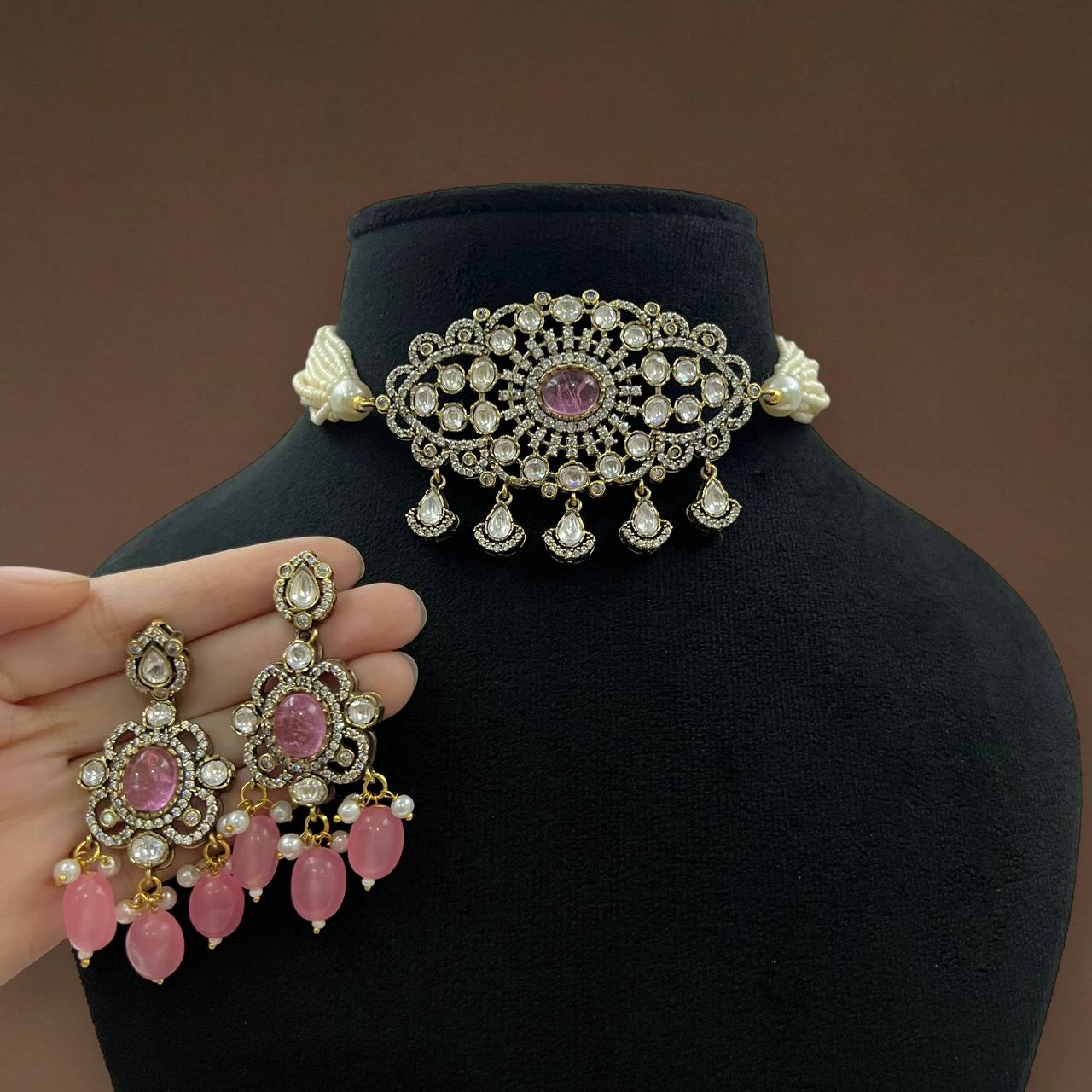 Kundan Choker Necklace Set with Pearl Drops & Earrings Bridal Jewelry Set Pakistani Necklace Set  Polki Necklace