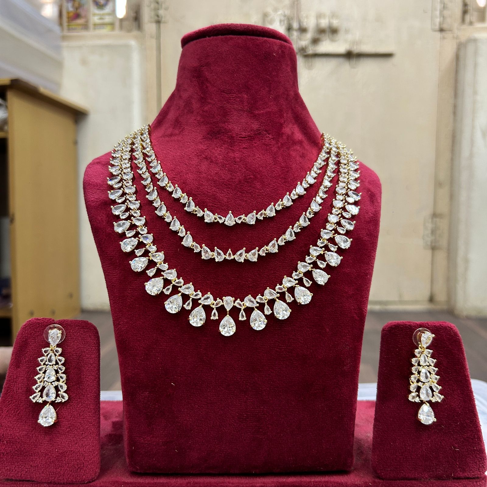 Multi Layer Pink CZ Sapphire Necklace Chandelier Earrings Set | Kundan Jewelry | AD Jewelry | Indian Jewelry | Traditional Jewelry