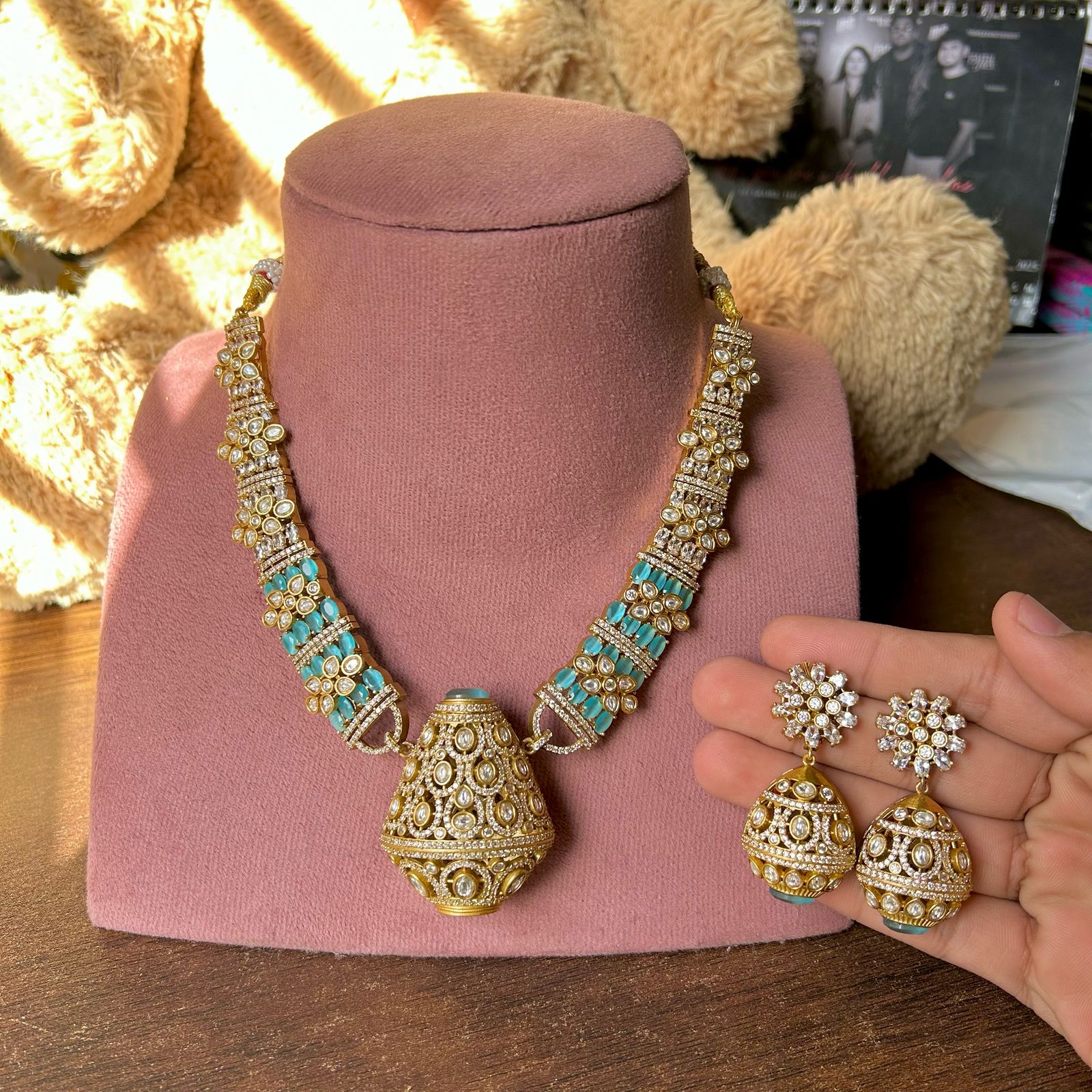 Traditional craftsmanship Indian cubic zirconia Necklace Earrings Set | Kundan Jewelry | AD Jewelry | Indian Jewelry