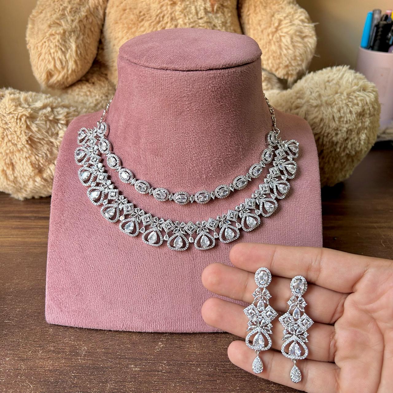 Traditional Double Layered AD Choker Earrings Set - Silver Finish CZ Choker Earrings Set