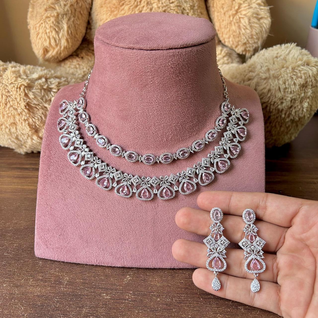 Traditional Double Layered AD Choker Earrings Set - Silver Finish CZ Choker Earrings Set