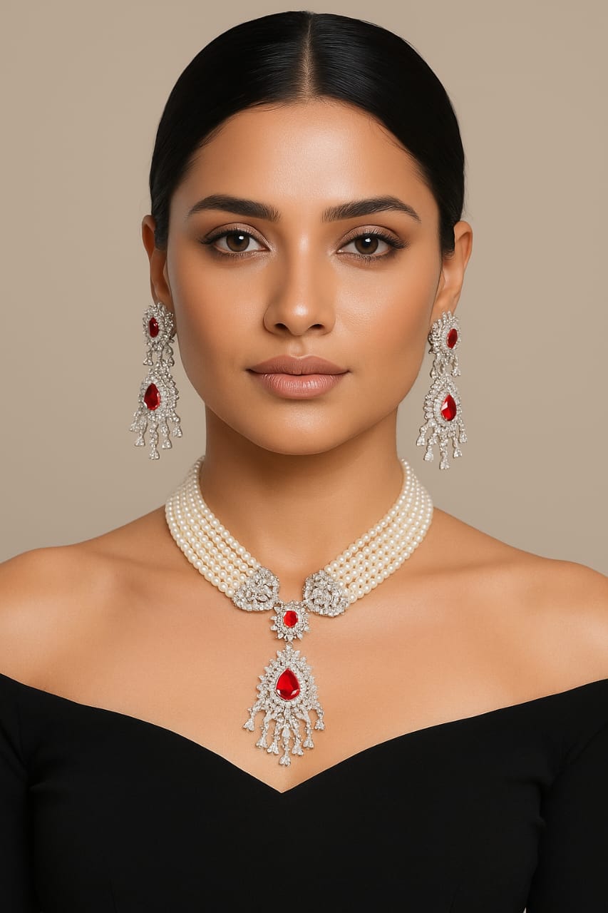 Wedding Bollywood Inspired AD Beads Chailn Necklace Earring Set