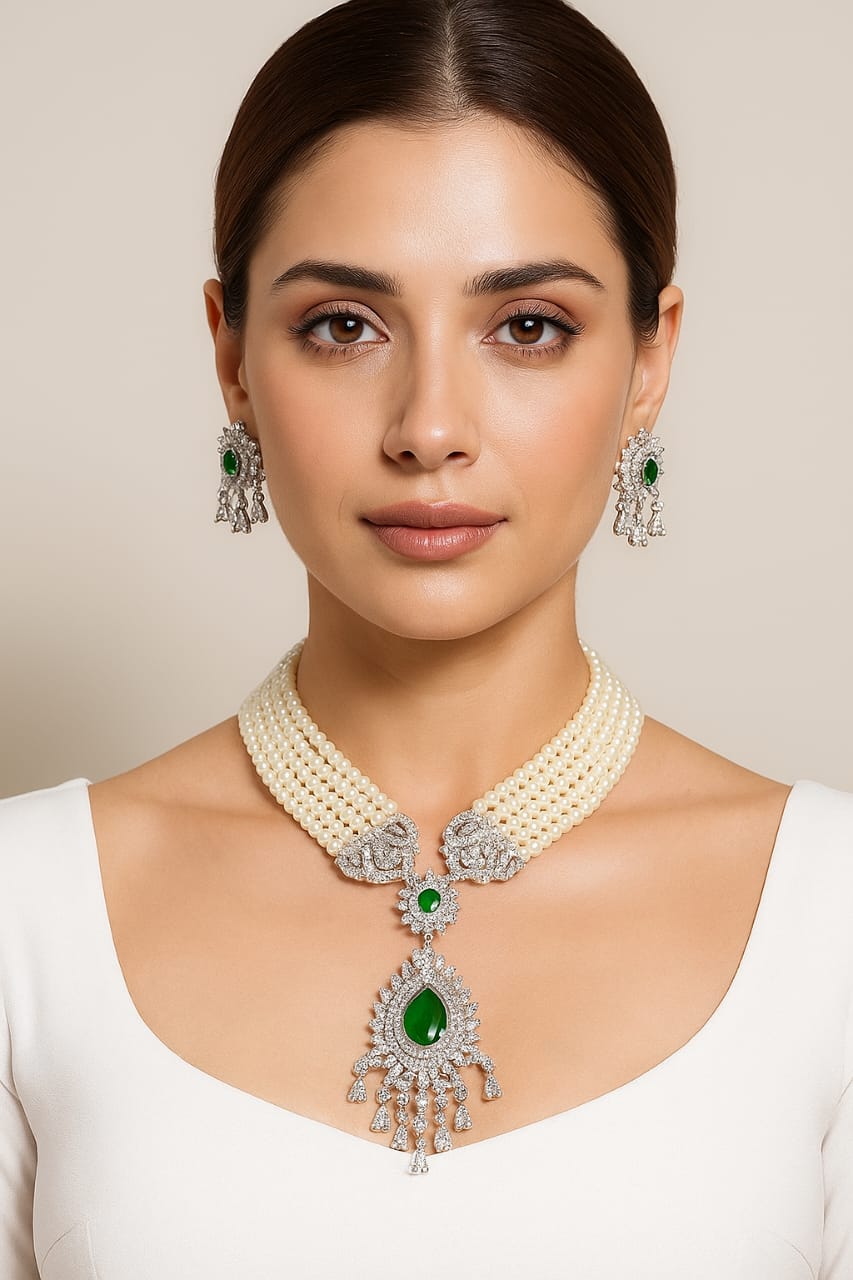 Wedding Bollywood Inspired AD Beads Chailn Necklace Earring Set